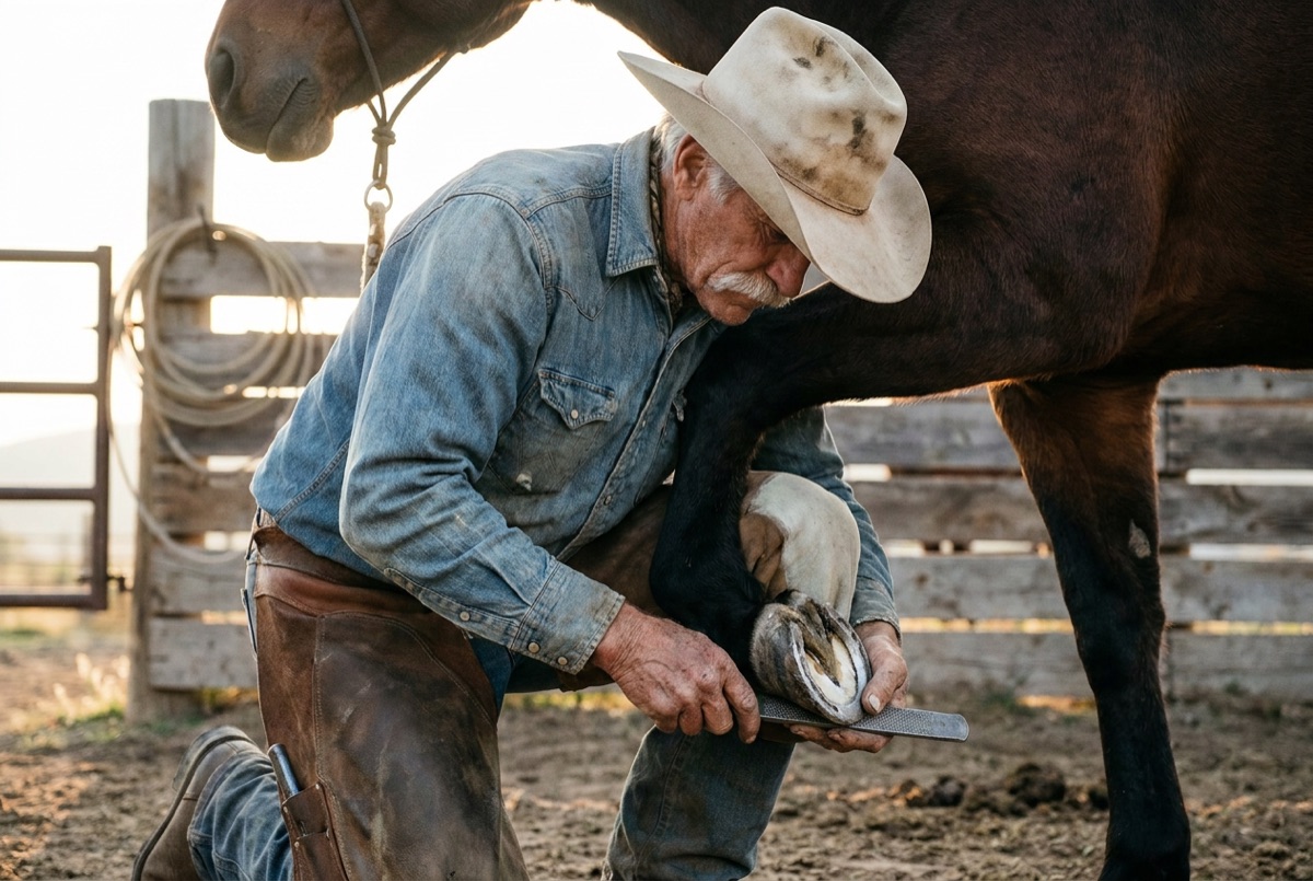 Big Jim trimming a horse's hoof in the corral.