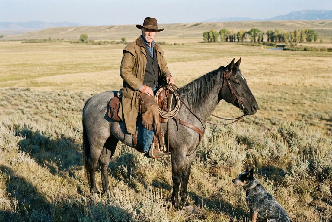 Big Jim on horseback with his dog, riding fence on the open range.