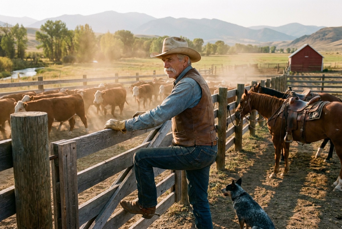 Big Jim at the corral fence with cattle and saddled horses.